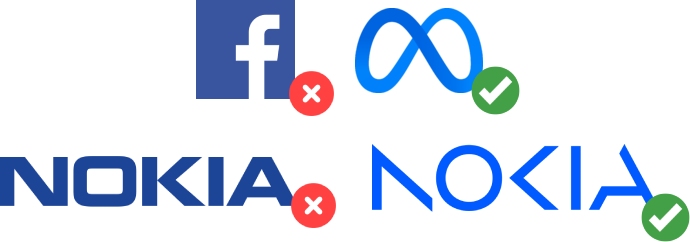 veraltete Nokia- und Facebook-Logos vs. neue Nokia- und Meta-Logos